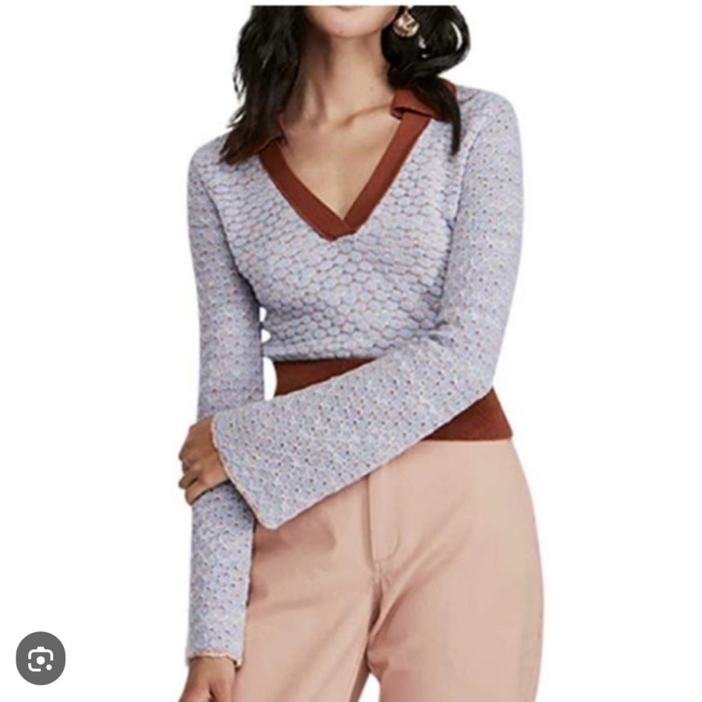 Free People Blue Combo Collar Cropped Sweater M